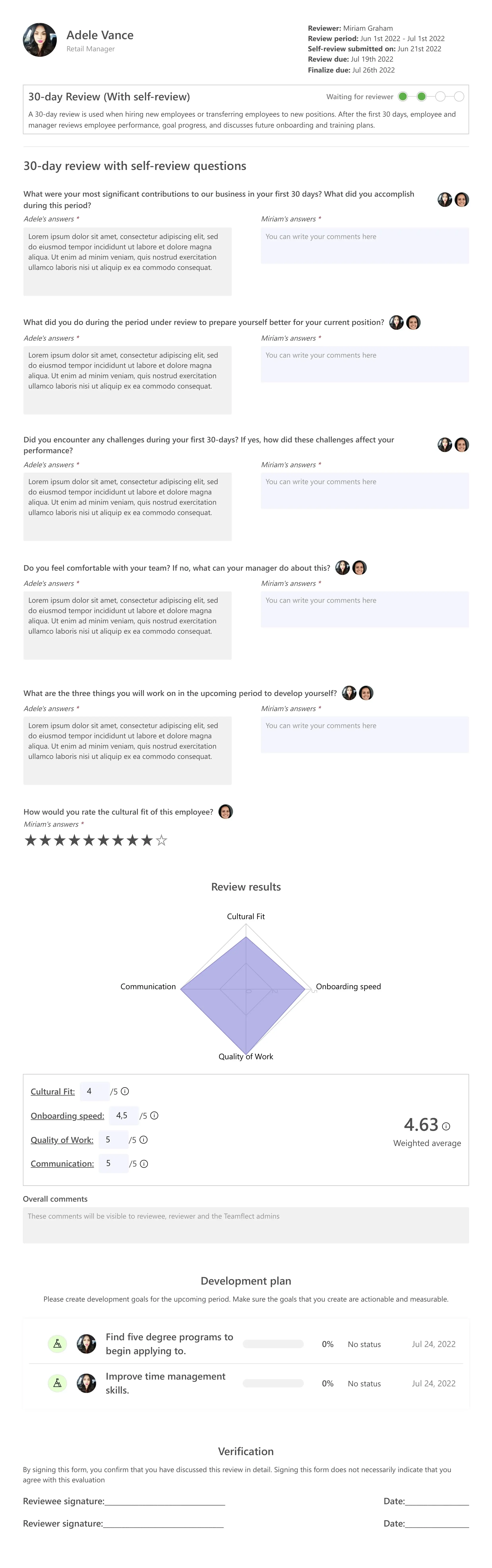 Teamflect 30-day review with self-review template in Microsoft Teams
